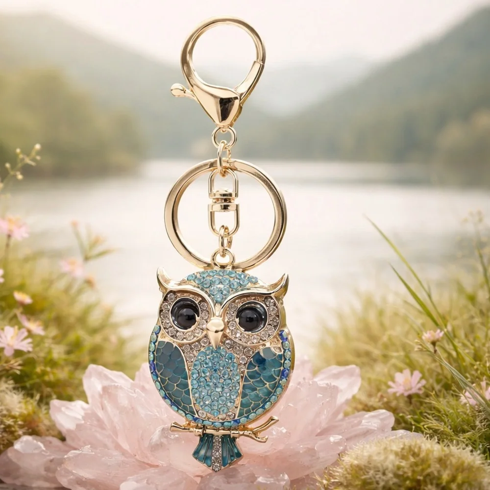 NWT Rhinestone Owl Keychain Key Ring or bag ornament fabulous